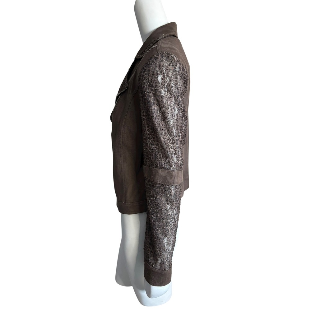 Joseph Ribkoff Brown Faux Suede & Zipper Moto Jacket Sequin Lace Panel Size M - Picture 4 of 9